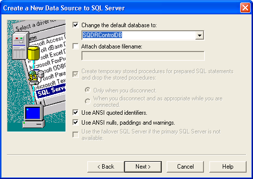 change the default database for the SQDR Control Database DSN